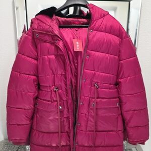 GUESS Red Puffer Jacket Faux Fur Hood
